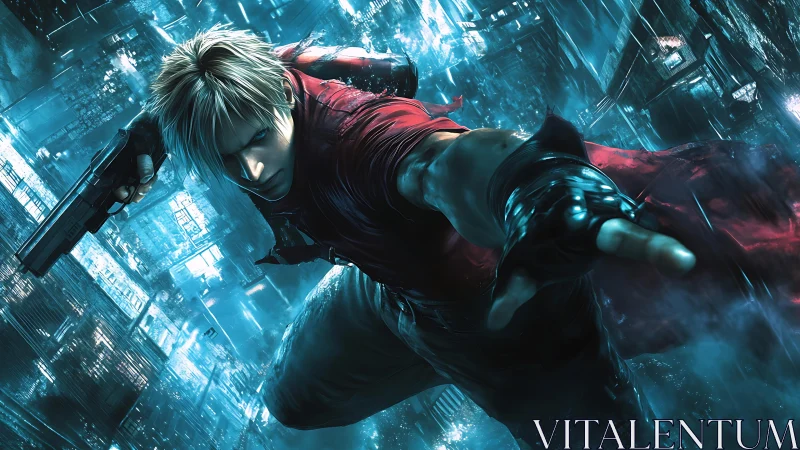 Gun-wielding fighter leaping through neon-soaked cyber cityscape.