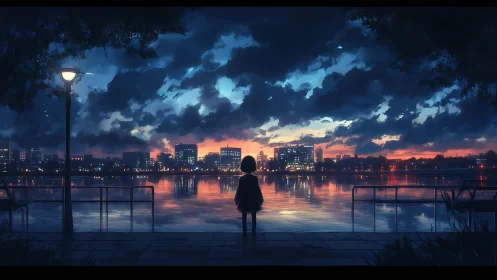 Solitary girl watches a glowing city skyline at dusk