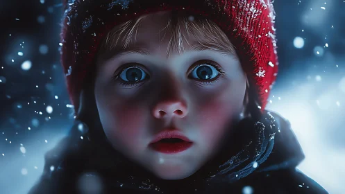 Child's Penetrating Gaze in Luminous Winter Snowfall Scene