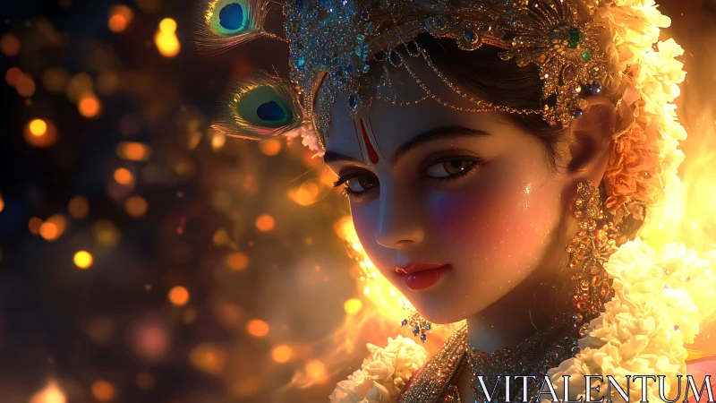 Divine-inspired woman in jeweled headdress amid warm light.