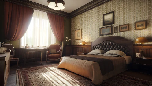 Bedroom interior shows classic wooden furniture and warm light