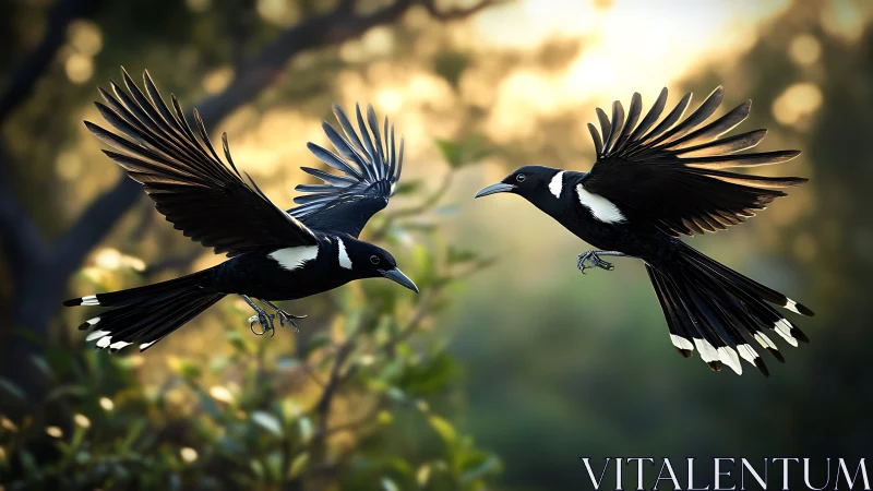 Two Australian magpies in mid-flight with golden sunset lighting.