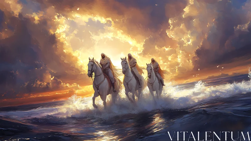 Triadic horsemen traversing surf beneath radiant stormfront.