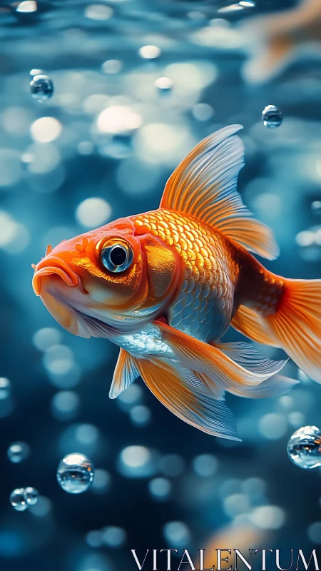 Vibrant goldfish drifts through luminous underwater bokeh