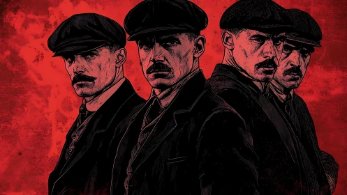 Four men in flat caps stare forward against red background