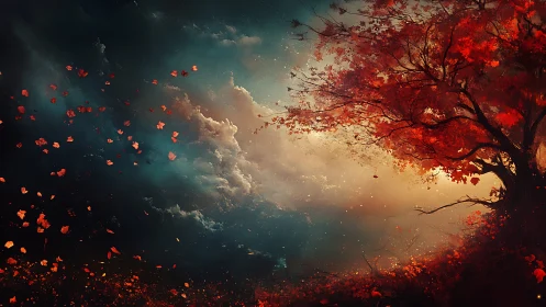 Red autumn tree against stormy sky with drifting leaves.