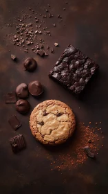 Moody dessert duet of brownie, cookie and scattered cocoa drama.