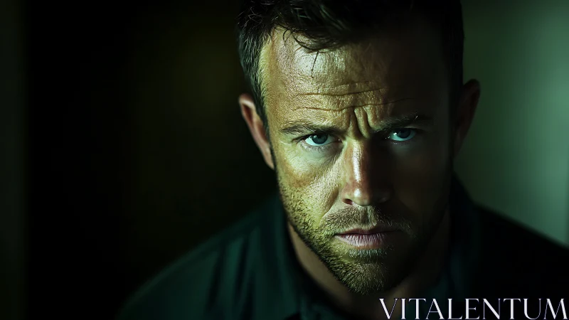 Photorealistic low-key portrait with intense frontal gaze lighting.