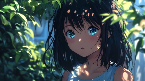 Sunlit anime girl portrait framed by dappled garden light.
