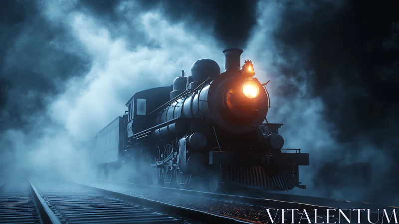 Steam locomotive moves through dense night fog on tracks