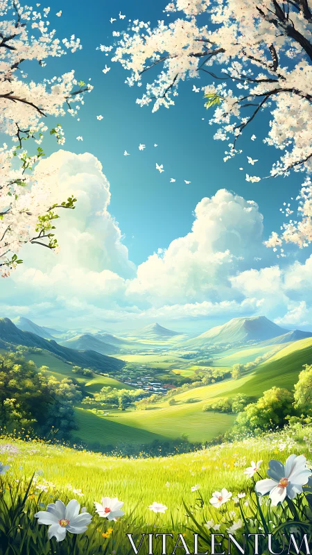 Valley landscape under blue sky with blossoms and clouds.