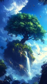 Skyborne world-tree cradling a luminous waterfall dream.
