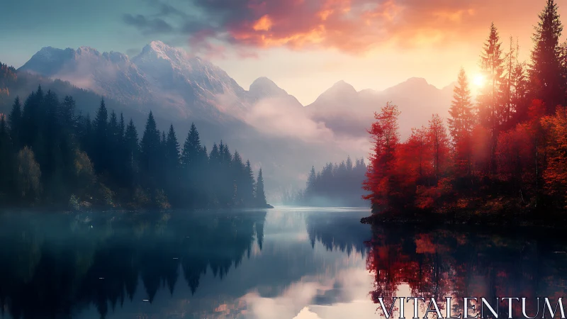 Sunrise ignites misty alpine lake with vivid autumn forest.
