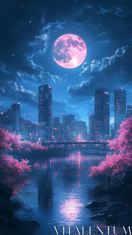 Neon lit city skyline under large pink full moon reflection