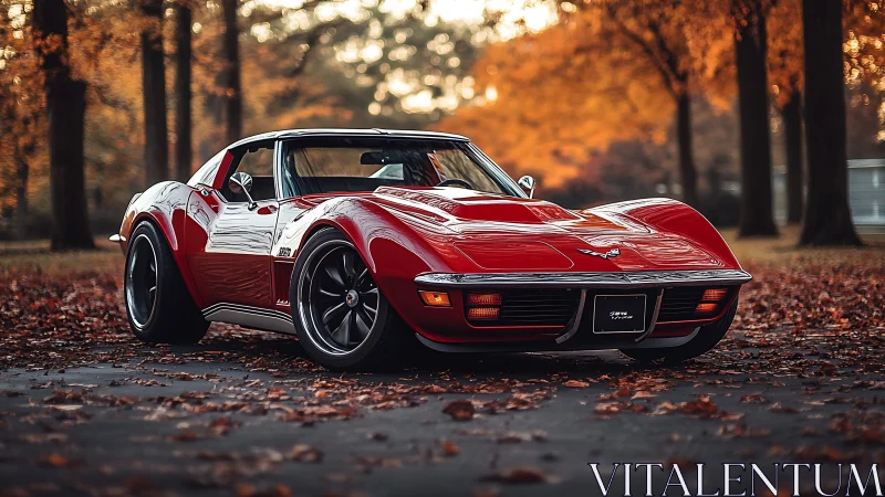 Red classic sports car is parked on leaf-covered asphalt