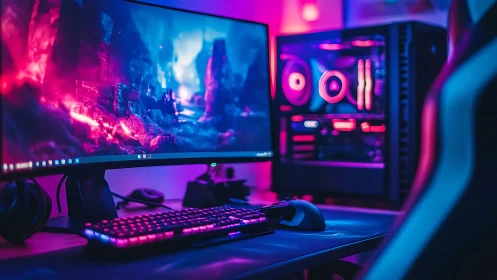 RGB gaming PC setup shows ultrawide monitor and desktop