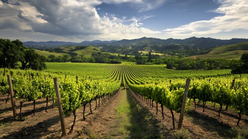 Vineyard rows extend across rolling hills under cloudy sky