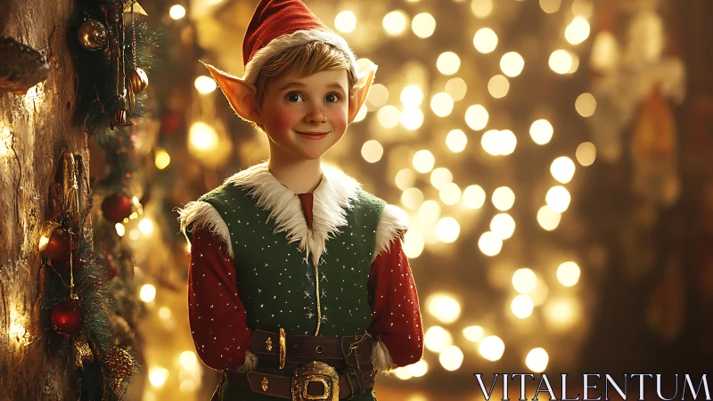 Smiling Christmas elf child glows in warm festive lights