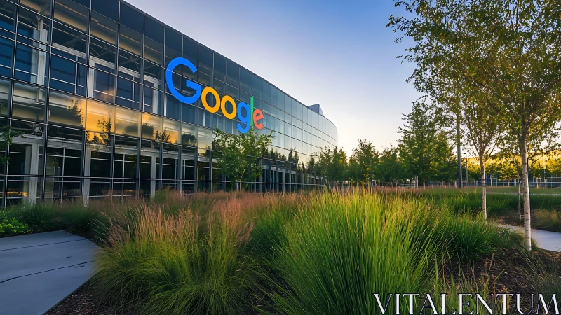 Corporate campus facade with reflective glass and native landscape.