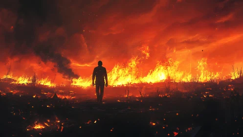 Solitary figure confronts apocalyptic wildfire landscape