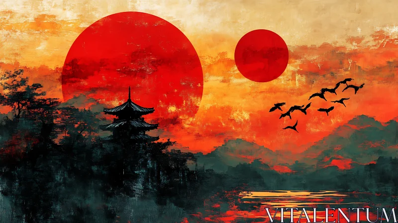 Twin crimson suns crown a tranquil Japanese pagoda dusk.