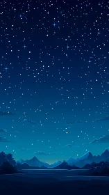 Starry night sky above stylized mountain valley horizon.