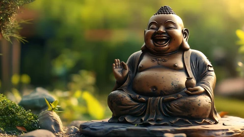 Laughing Buddha bronze statue in warm garden light.