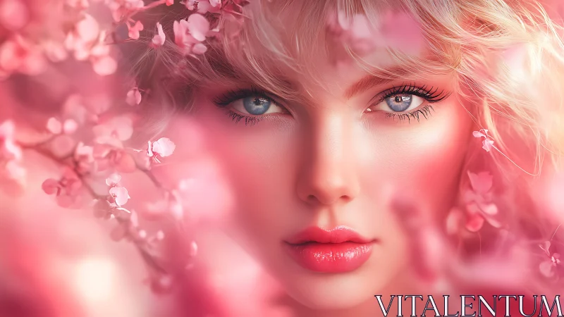 Porcelain portrait amid luminous pink cherry blossoms.