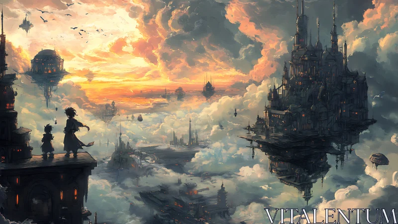 Skyborne children overlook floating neo-gothic cloud city.