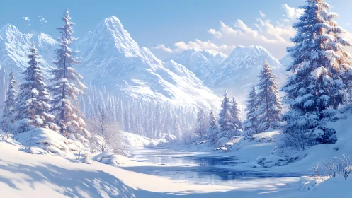 Snow-covered conifer forest surrounds partially frozen river