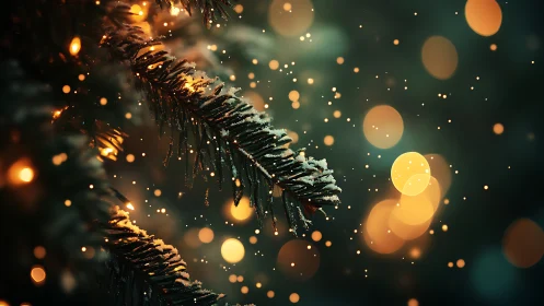 Snowy fir branch glows against warm golden holiday bokeh