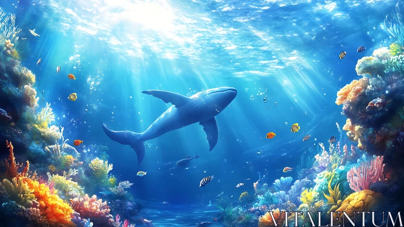 Blue whale gliding above colorful coral reef scene.