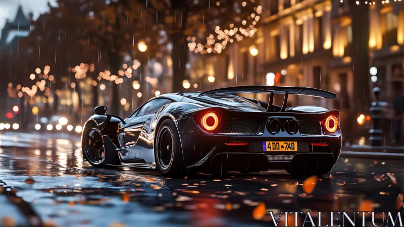 Supercar under city rain with glowing tail lights at dusk.