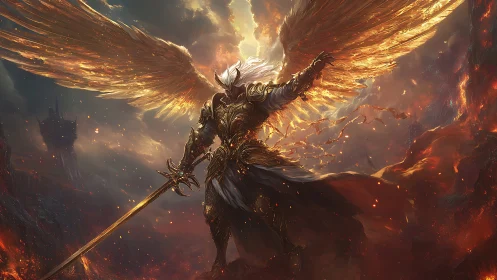 Armored winged figure with sword in molten landscape.