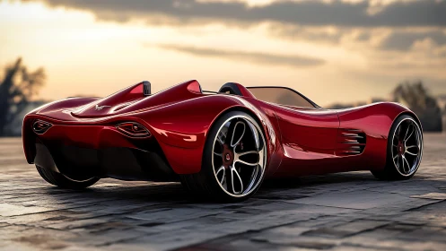 Red single-seat speedster concept on sunlit stone plaza