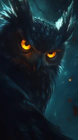 Bioluminescent-eyed owl in high-contrast nocturnal close-up profile