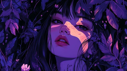 Neon-lit forest muse bathed in violet and magenta shadows.