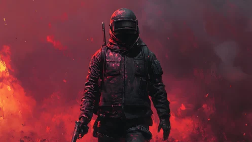 Armored soldier walks through red smoke and surrounding fire