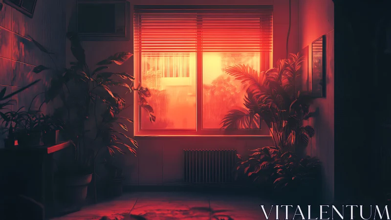 Indoor plants around window with intense red lighting.