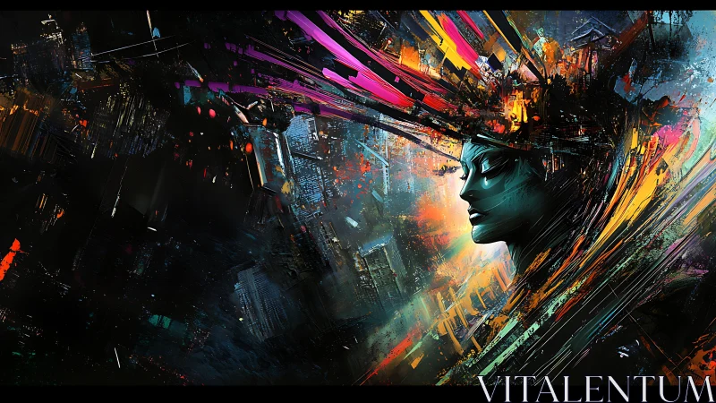 Neon cybernetic portrait exploding through abstract cityscape.