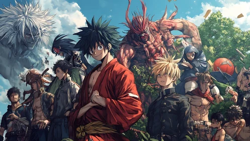 Bold anime heroes stand united against monstrous foes