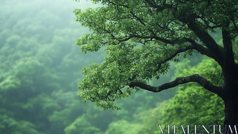 Rain soaked green tree branch over misty forest hillside.
