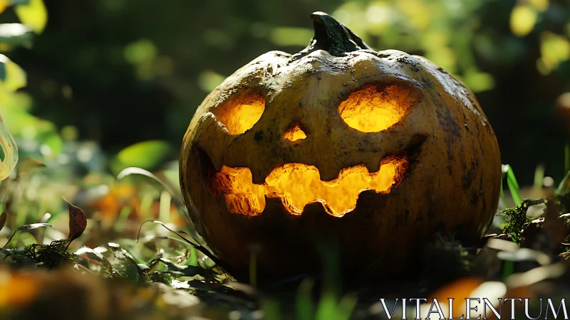 Glowing jack-o’-lantern smiles warmly in a sunlit forest floor