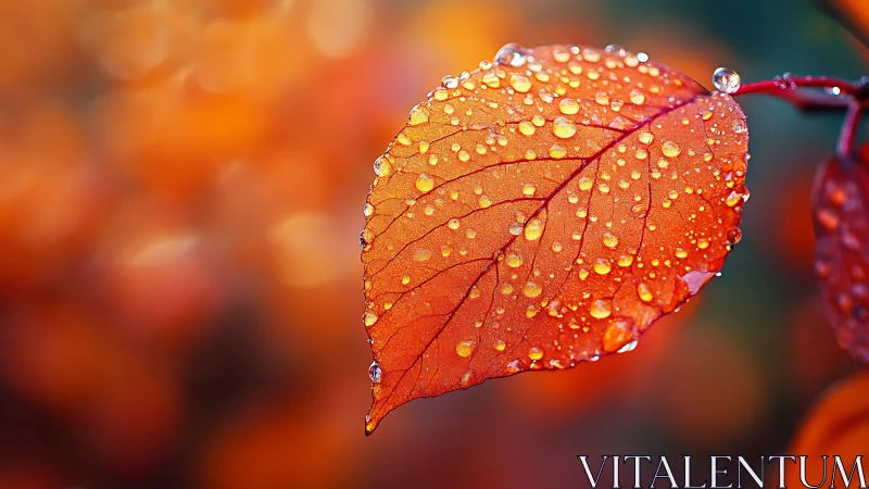 Single orange leaf with water droplets in soft focus scene.