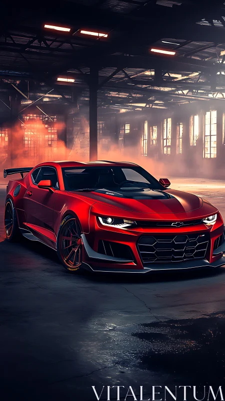 Red performance coupe in cinematic warehouse lighting setup.