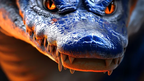 Molten-eyed sapphire dragon grinning in searing closeup.