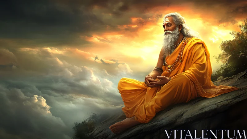 Serene orange-robed sage meditating above glowing clouds.