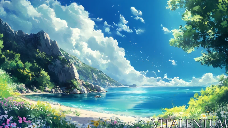 Sunlit coastal cove with layered cliffs, florals, and luminous surf