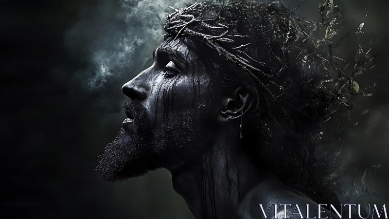 Profile of thorn-crowned male figure in dark environment.