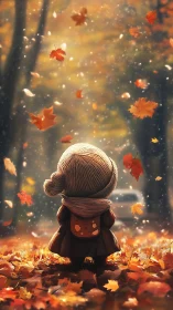Tiny wanderer greets swirling autumn leaves in golden hush.